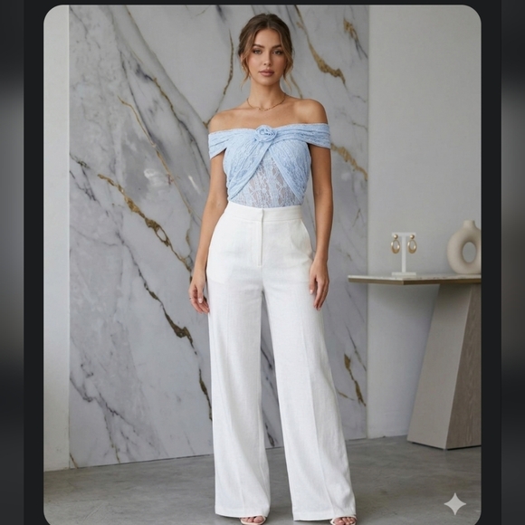 Tops - Off-Shoulder Lace Blue With Floral Brooch Top Blouse